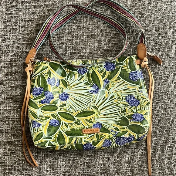 Consuela Green and Blue Crossbody Bag with Tropical Print - Picture 1 of 8